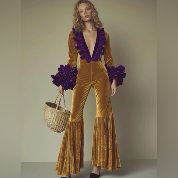 Oyrosy Pants - Oyrosy Designer Fashion Party Purple Ruffle Flared Gold Velvet Jumpsuit Sz Small